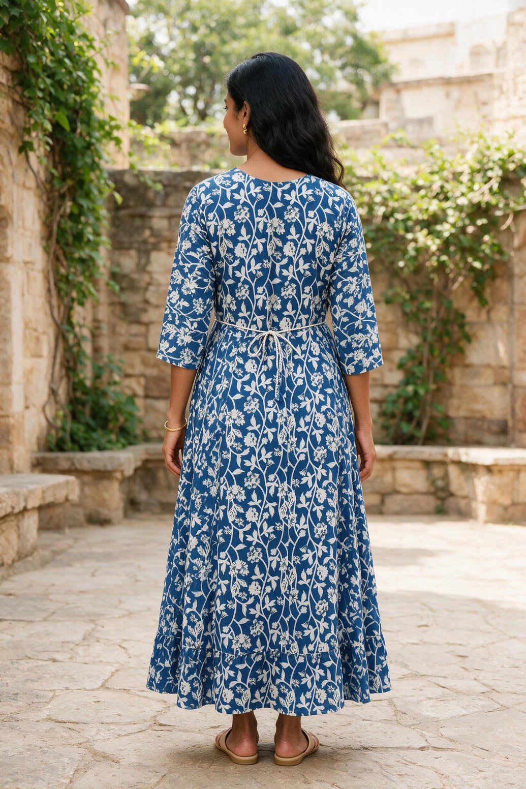 Navy Blue Cotton Anarkali Kurti Gown with Dori Design, Geometric Floral Print and Silver Sequin Detail