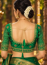 Green Designer Padded Blouse with U-Neckline, Zari Floral Butta Work, Elbow Sleeves & Back Knot
