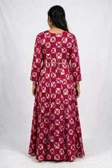 Rani Pink Rayon Anarkali Kurti With Floral Print & Stone Work, Round Neck, 3/4 Sleeves for Women