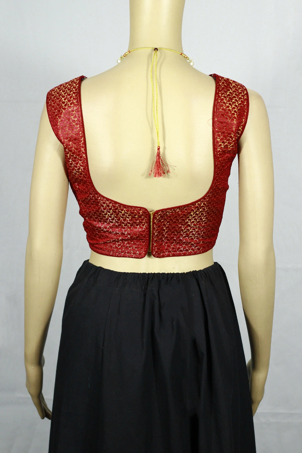 Maroon Ready-to-Wear Designer Padded Blouse with Woven Zari Pattern, Sleeveless, Fully Stitched for Saree & Lehenga