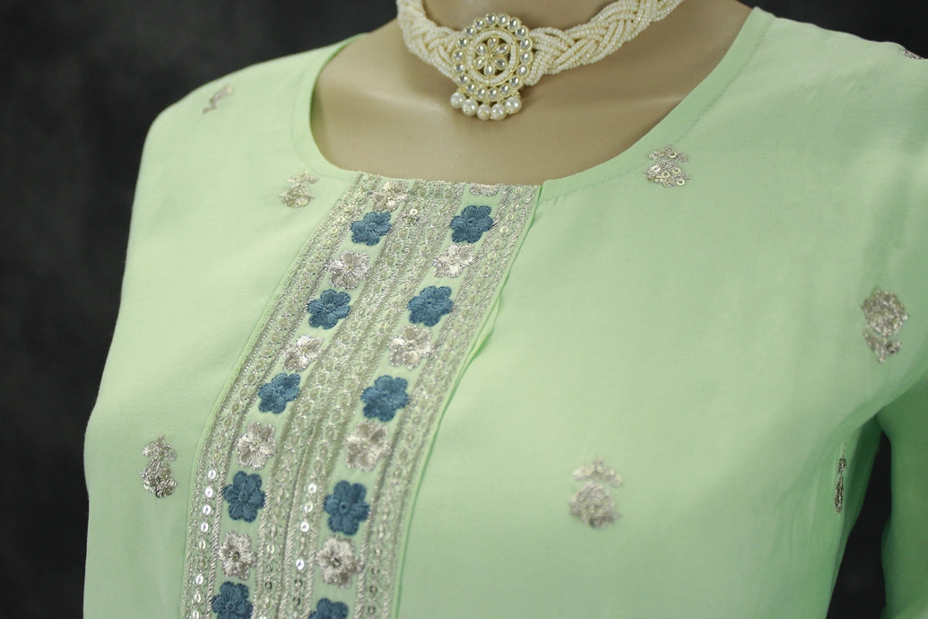 Light Green Cotton 3-Piece Embroidered Suit with Chiffon Dupatta and Sequin Details