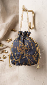 Grey Embroidered Potli Bag with Pearl Bead Trim and Gold Floral Work, Drawstring Wedding & Return Gift Pouch