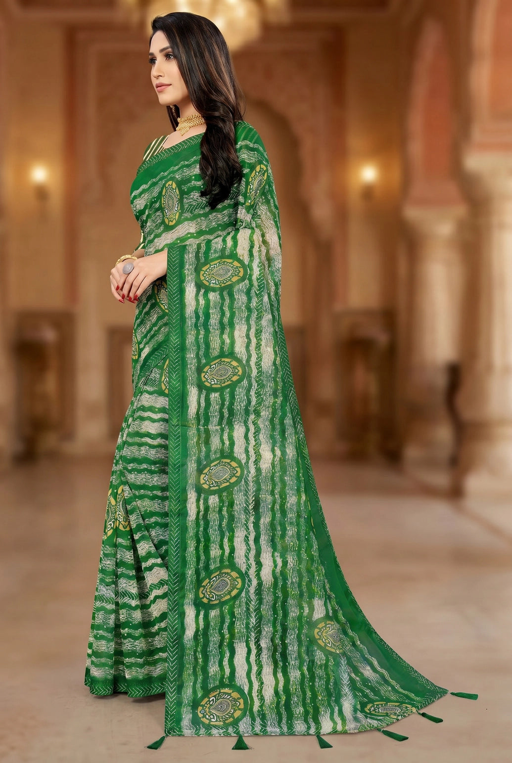Green Georgette Saree with Contrast Border, Jasmin Zomato Print and Striped Floral Motifs