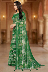 Green Georgette Saree with Contrast Border, Jasmin Zomato Print and Striped Floral Motifs