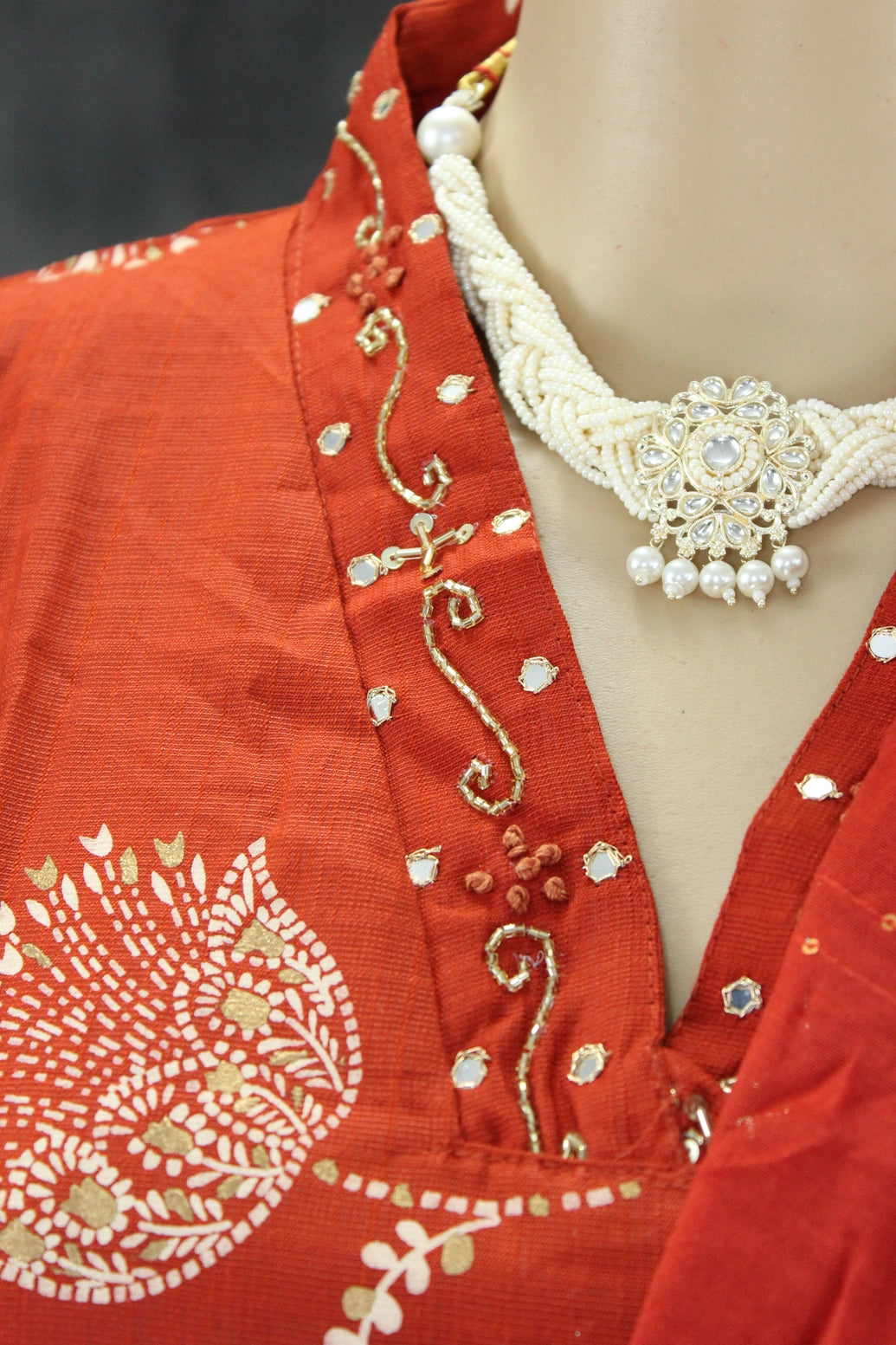 Orange Embroidered Cotton 3-Piece Kurti Set with Elasticated Pant & Chiffon Dupatta Kurti JCS Fashions