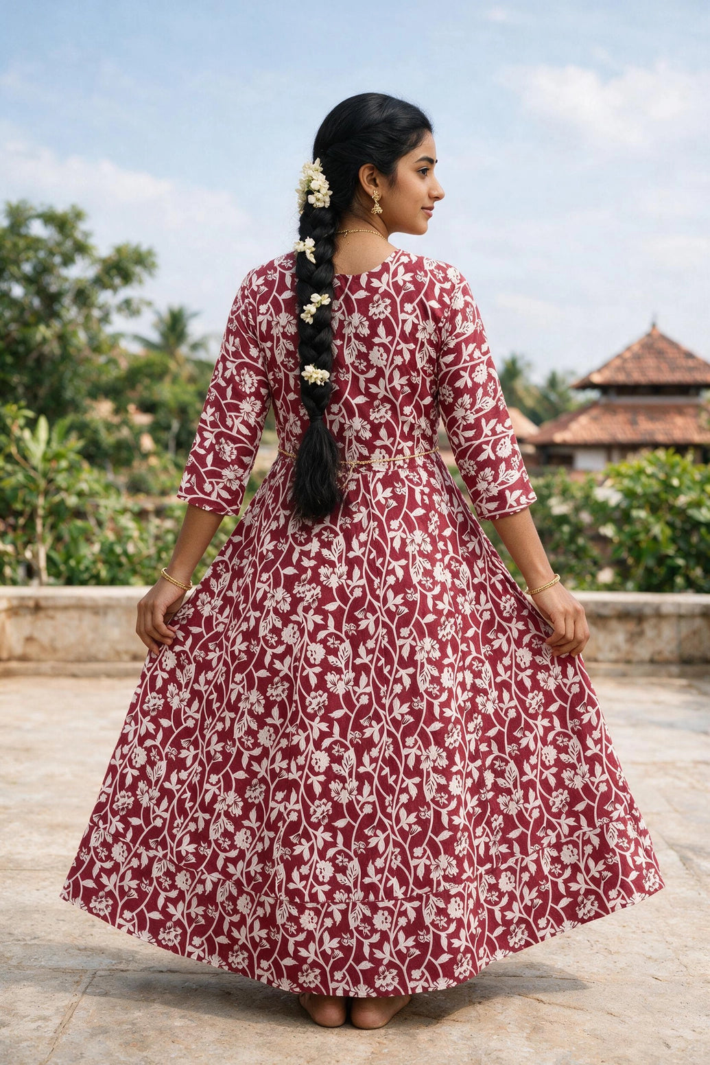 Pink Cotton Anarkali Gown Kurti with Geometric Floral Print and Silver Sequin Stripe Detail