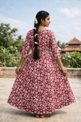 Pink Cotton Anarkali Gown Kurti with Geometric Floral Print and Silver Sequin Stripe Detail