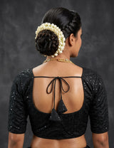 Black Readymade Designer Padded Blouse with Brocade Sequin Work, Elbow Sleeve & Back Knot