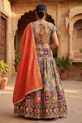 Navratri Designer Chaniya Choli with Camel Block Print, Multicolor & Orange Lehenga Set with Dupatta