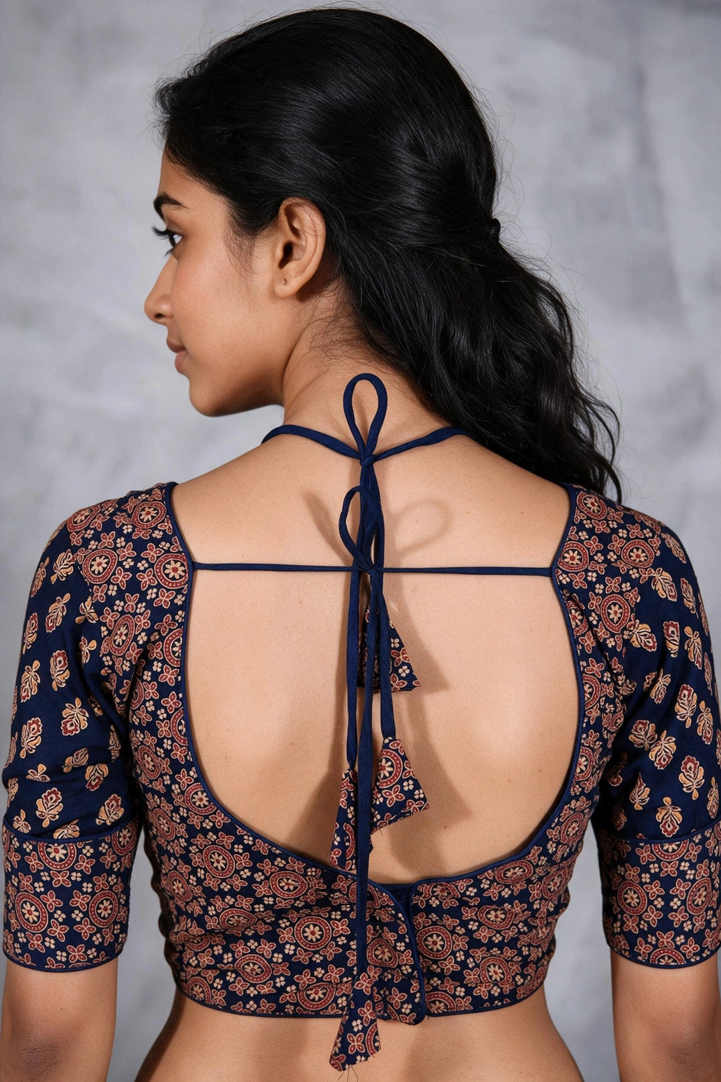 Navy Blue Floral Print Padded Readymade Cotton Blouse with Ajrakh-Inspired Motifs, Back Knot & Elbow Sleeves