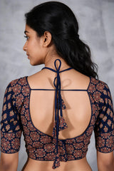 Navy Blue Floral Print Padded Readymade Cotton Blouse with Ajrakh-Inspired Motifs, Back Knot & Elbow Sleeves