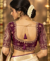 Purple Padded Readymade Blouse with Zari Floral Butta Work, U-Neck, Elbow Sleeve & Back Knot for Women