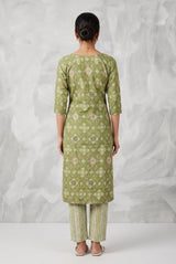 Olive Green Rayon 2-Piece Kurti Set with Elastic Pant, Geometric Foil Print, Round Neck, 3/4 Sleeves