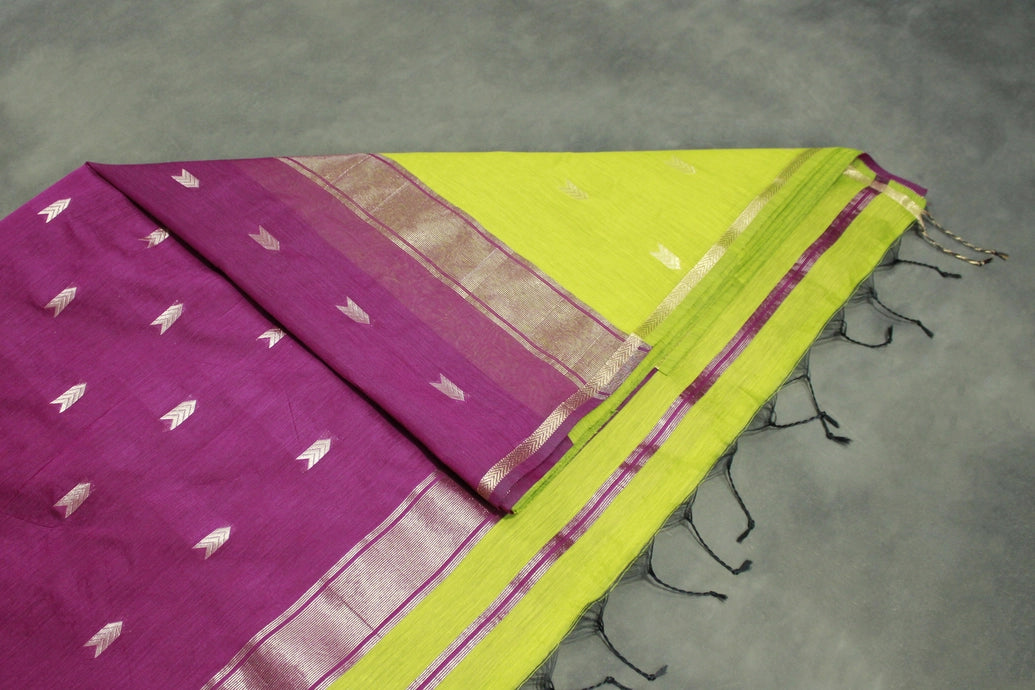 Maheswari Cotton Saree with Small Butta & Zari Border, Green Silk Cotton Saree with Blouse Piece