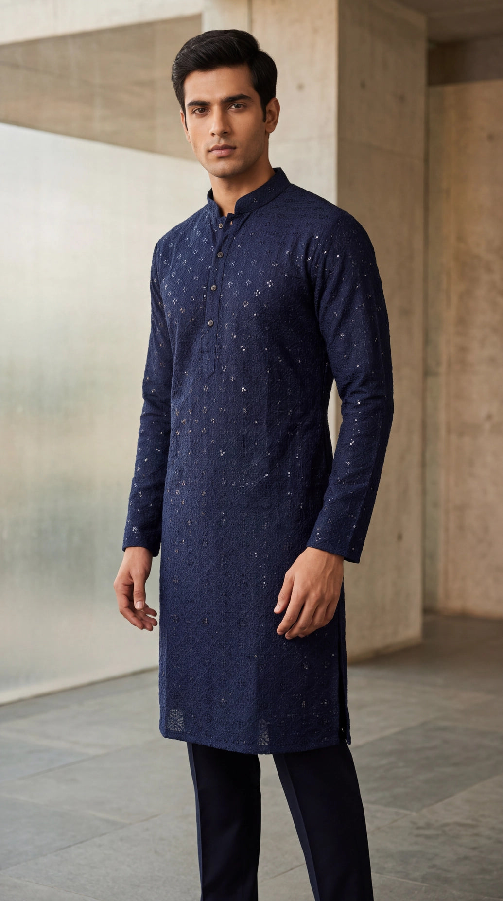 Men’s Navy Lakhnavi Kurta with Sequins Work, Long Kurta for Festive Wear