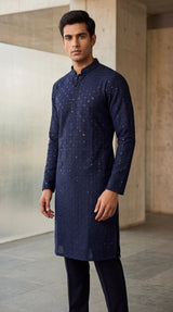 Men’s Navy Lakhnavi Kurta with Sequins Work, Long Kurta for Festive Wear
