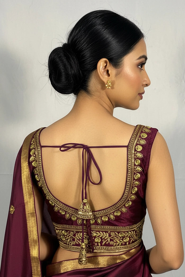 Purple Ready-Made Designer Padded Sleeveless Blouse with Heavy Gold Tone Embroidery and Sequin Work