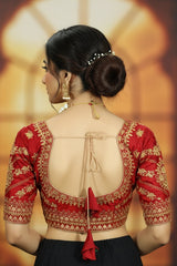 Maroon Zari Butta Padded Ready-to-Wear Designer Blouse with Floral-Vine Embroidery and U-Neck