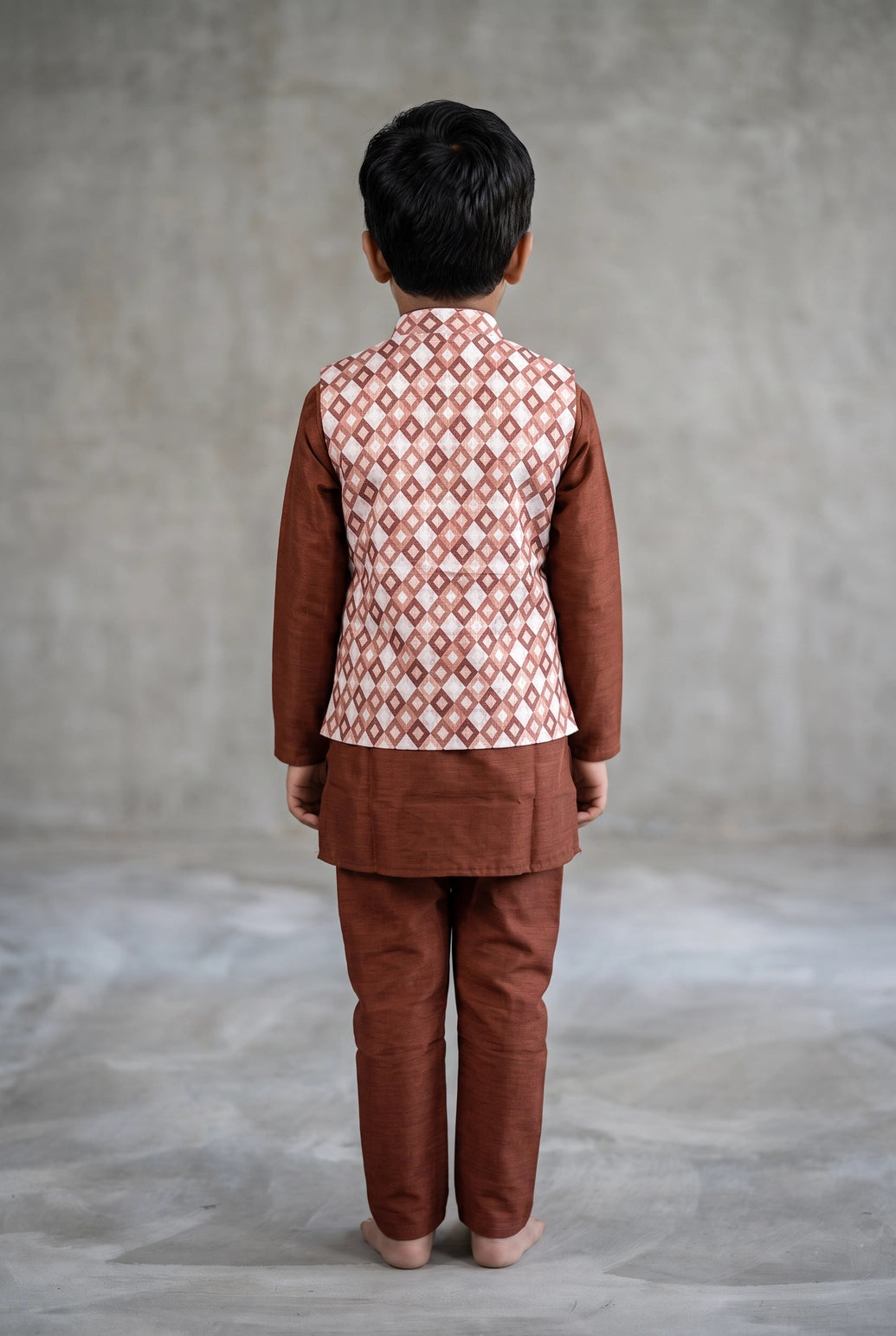 Boys Maroon 3-Piece Cotton Kurta Set with Printed Nehru Koti, Matching Pants & Decorative Brooch
