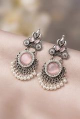Oxidized Silver-Tone Onion Pink Stone Drop Earrings with Pearl Fringe, Floral Motifs for Traditional Wear