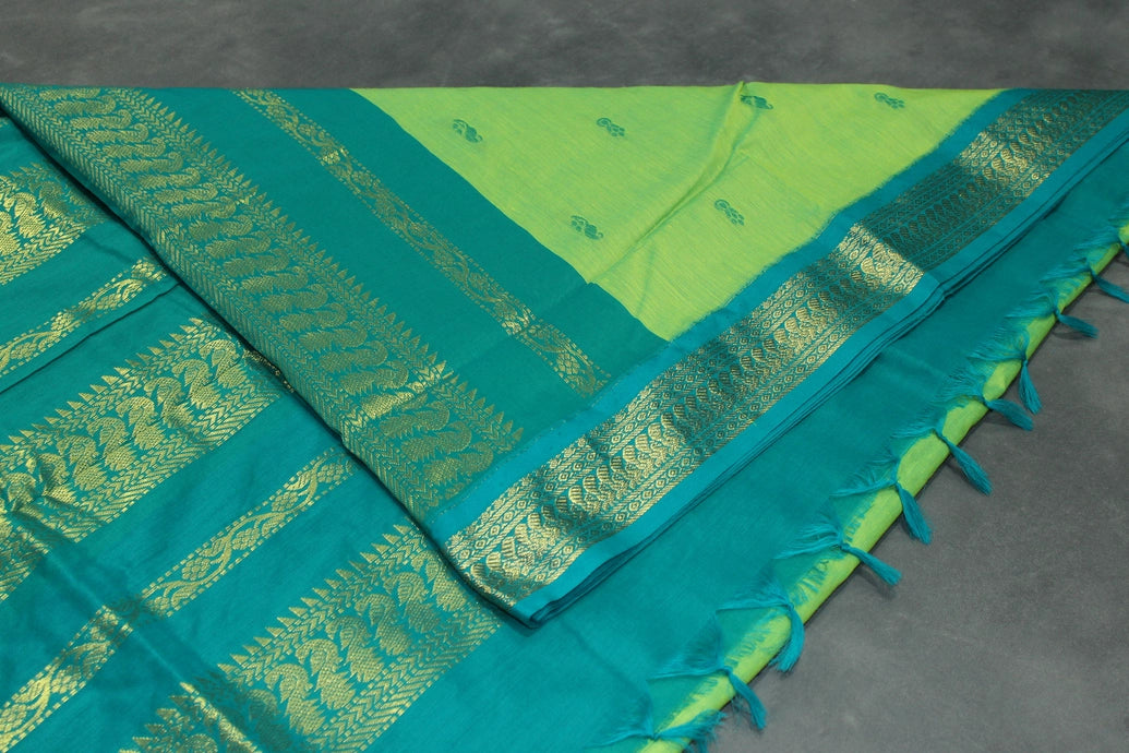 Kalyani Cotton Saree with Zari Border and Putta Motifs, Light Green Teal Pallu Saree JCS Fashions