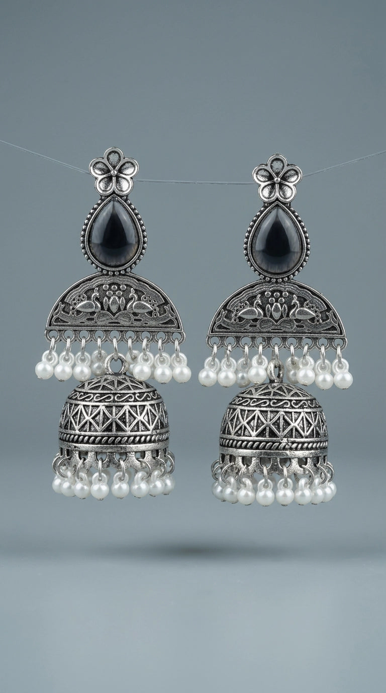 Grey Oxidised Silver-Finish Floral Jhumka Earrings with Pearl Bead Hangings for Traditional Wear