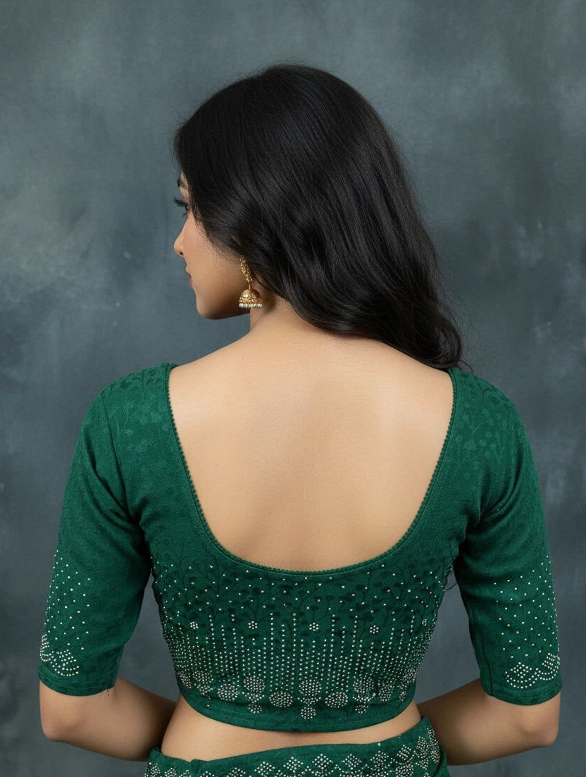 Green Ready to Wear Designer Stone-Embellished Stretch Blouse with Elbow Sleeves and Back Detail