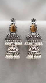 Oxidised Silver-Finish Jhumka Earrings with Floral Stud and Pearl Bead Drops for Women