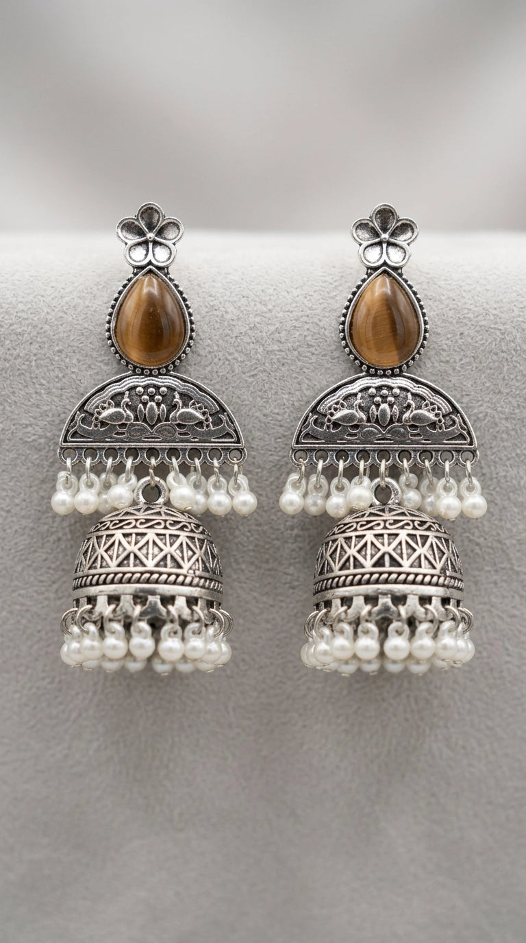 Oxidised Silver-Finish Jhumka Earrings with Floral Stud and Pearl Bead Drops for Women
