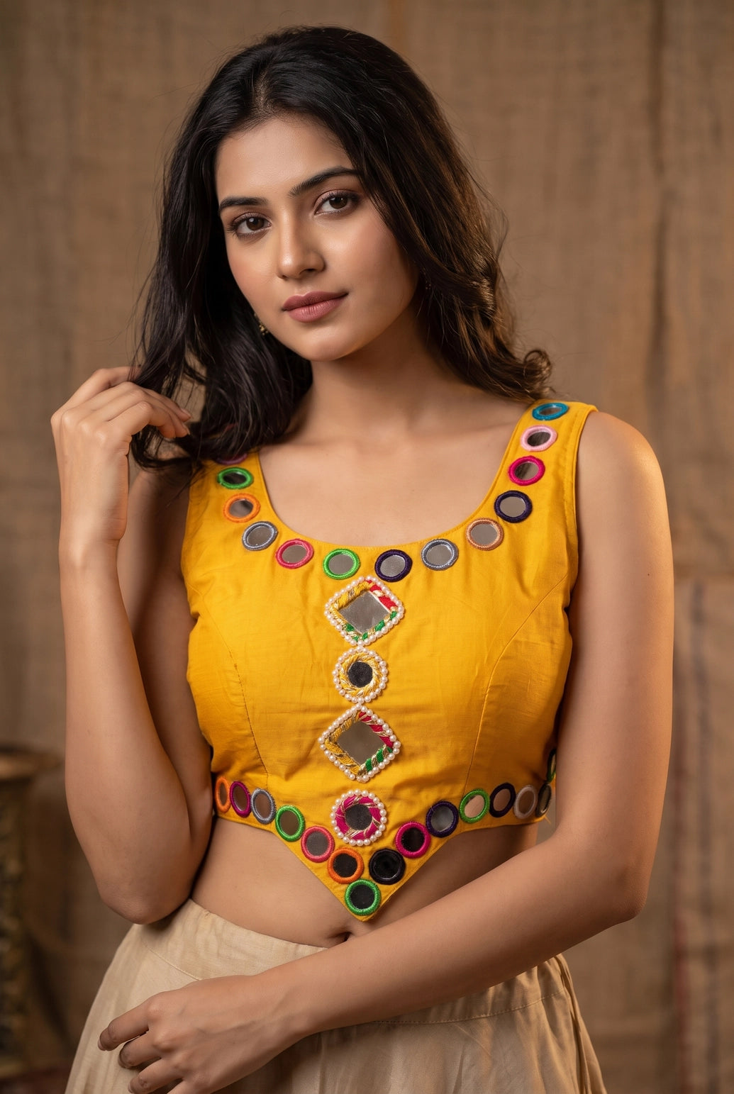 Mirror-Work Navratri Sleeveless Blouse with Pearl Bead Mirror Clusters and Diamond Motifs