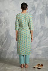 Sky Blue Rayon 2-Piece Kurti Set with Elastic Pant, Capsule Foil Geometric Print, Round Neck 3/4 Sleeve