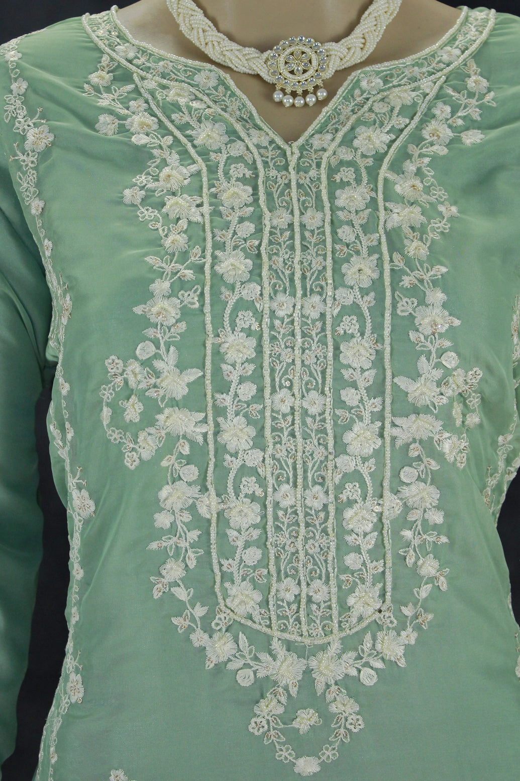 Pista Green 3-Piece Salwar Suit Set Kurti with Organza Khatli Work & Sequins, Roman Silk Bottom, Border Dupatta