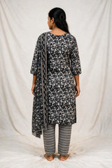 Black Floral Cotton Kurti Set with Striped Elastic Pant and Matching Dupatta for Women (3-Piece)