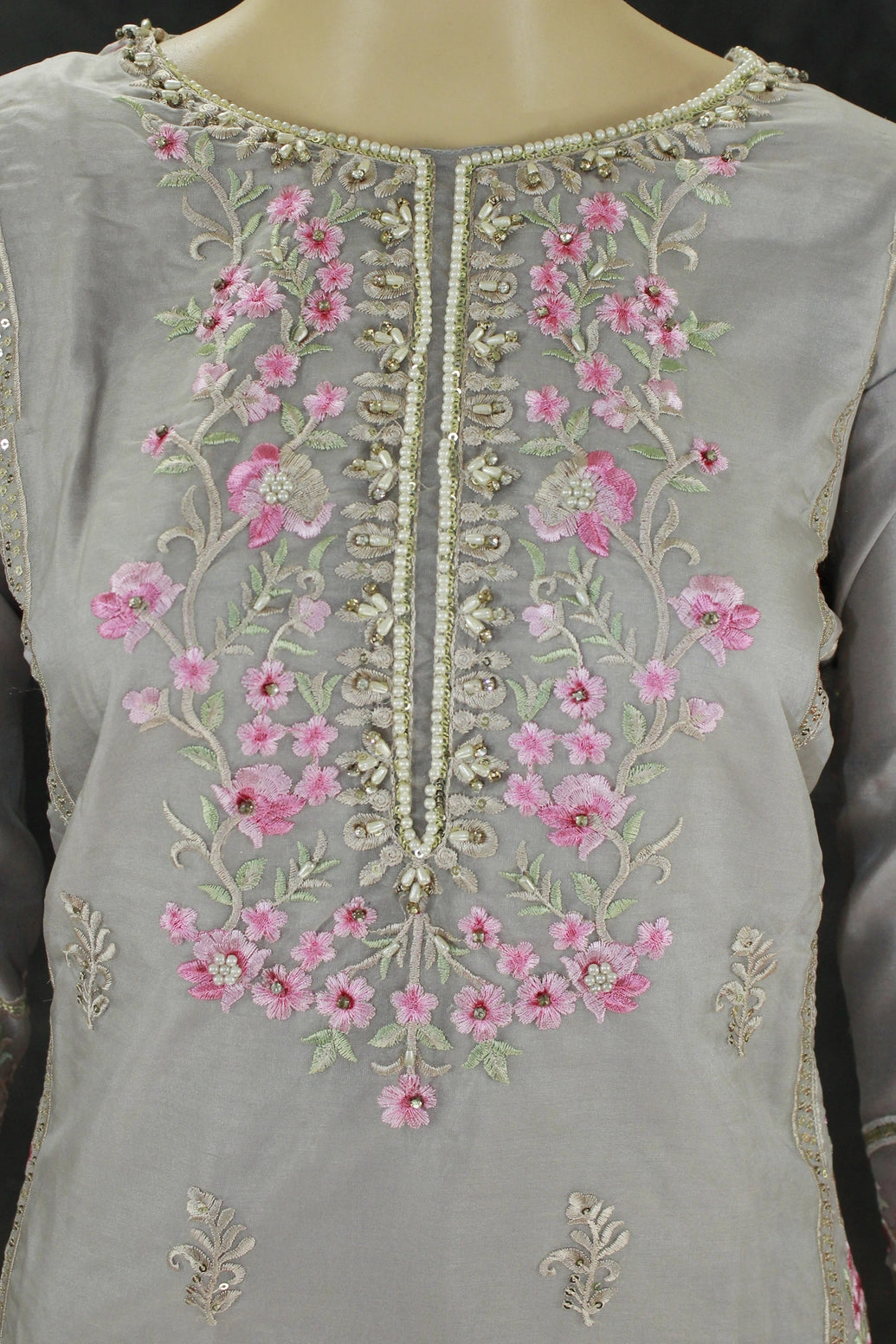 Light Grey Organza Kurti with Pink Khatli Work & Border Dupatta, Roman Silk Bottom 3-Piece Salwar Set