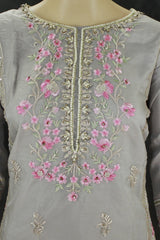 Light Grey Organza Kurti with Pink Khatli Work & Border Dupatta, Roman Silk Bottom 3-Piece Salwar Set