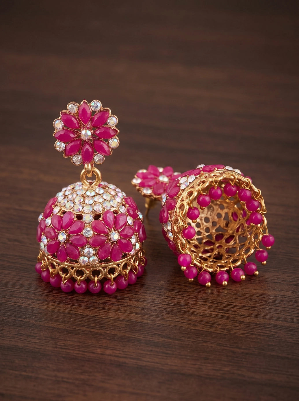 Red & Gold-Tone Floral Jhumka Earrings with Studs and Bead Drops, Traditional Ethnic Fashion Jewellery for Women