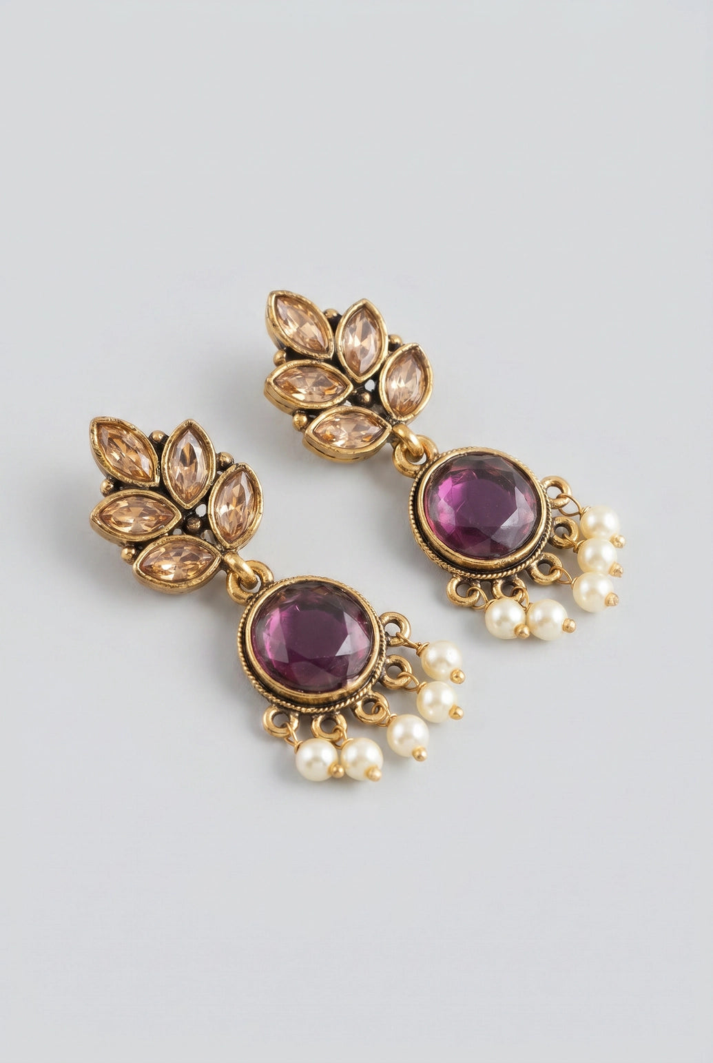 Purple Gold-Tone Crystal Leaf Drop Earrings with Pearl Beads, 2 Inch Ethnic Party Wear