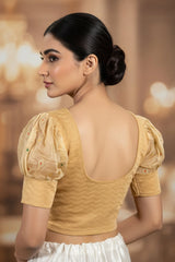Sandal Colour Readymade Designer Stretch Blouse with Puff Sleeves and Zari Motifs, Fully Stitched