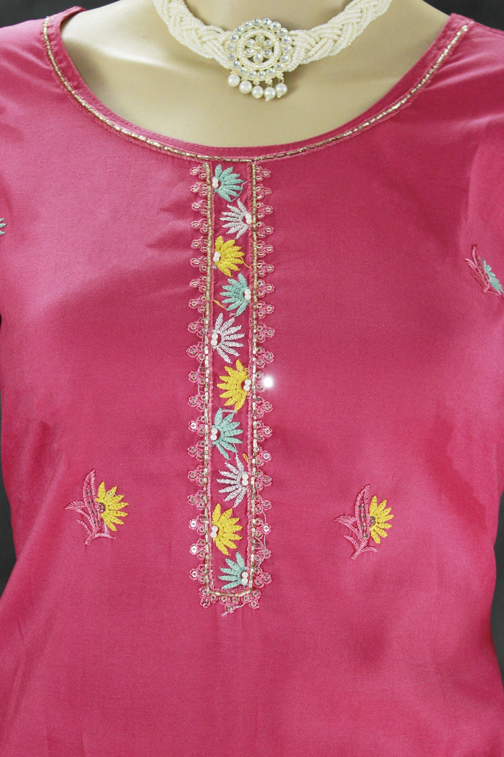 Deep Pink Roman Silk Kurti Set with Floral Embroidery, Beaded Neck Detail & Chiffon Dupatta for Women