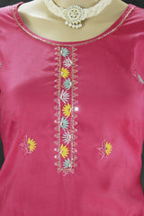 Deep Pink Roman Silk Kurti Set with Floral Embroidery, Beaded Neck Detail & Chiffon Dupatta for Women