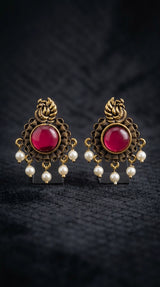Red Stone & Pearl Drop Antique Gold-Tone Statement Earrings for Women, Traditional Ethnic Jhumka Style