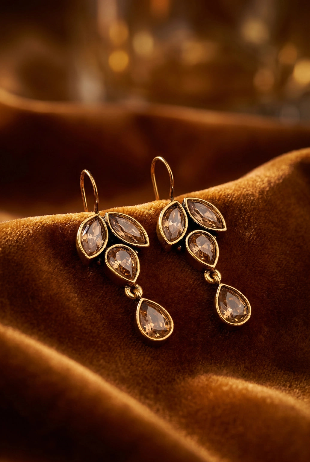 Champagne Light Brown Teardrop & Marquise Stone Dangling Earrings in Gold-Tone Setting for Women