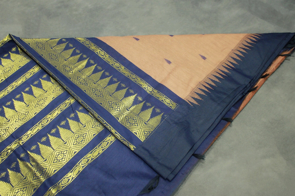 Brown Kalyani Cotton Saree with Puttas Design and Zari Border, Blouse Included