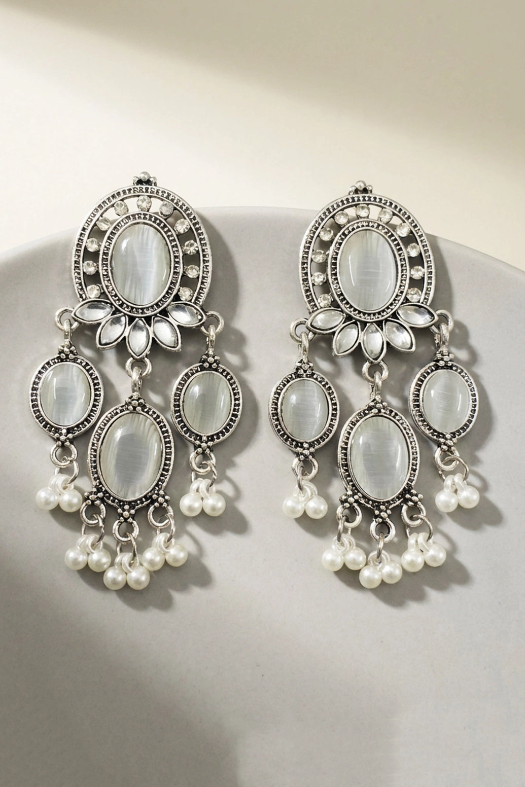 Grey Oxidized Silver-Tone Oval Stone Chandbali Earrings with Pearl Drop Beads for Women