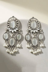 Grey Oxidized Silver-Tone Oval Stone Chandbali Earrings with Pearl Drop Beads for Women