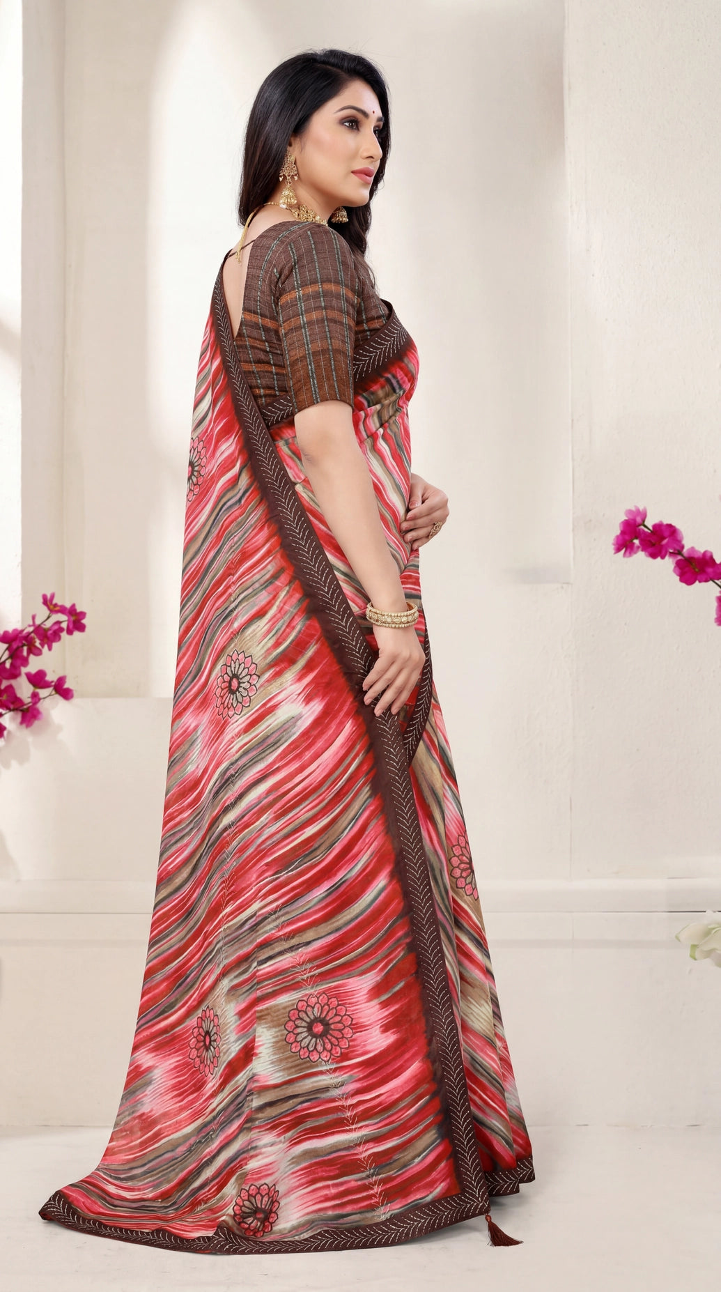 Red Georgette Saree with Floral Motifs and Striped Pattern Border | Jasmin Zomato Style