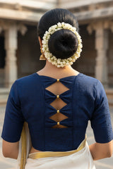 Navy Blue Readymade Designer Stretchable Blouse with Gold-Toned Bead Work, Elbow Sleeve, Back Open Design