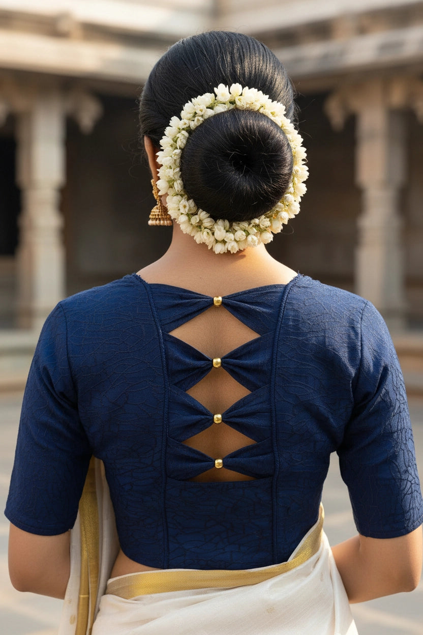 Navy Blue Readymade Designer Stretchable Blouse with Gold-Toned Bead Work, Elbow Sleeve, Back Open Design
