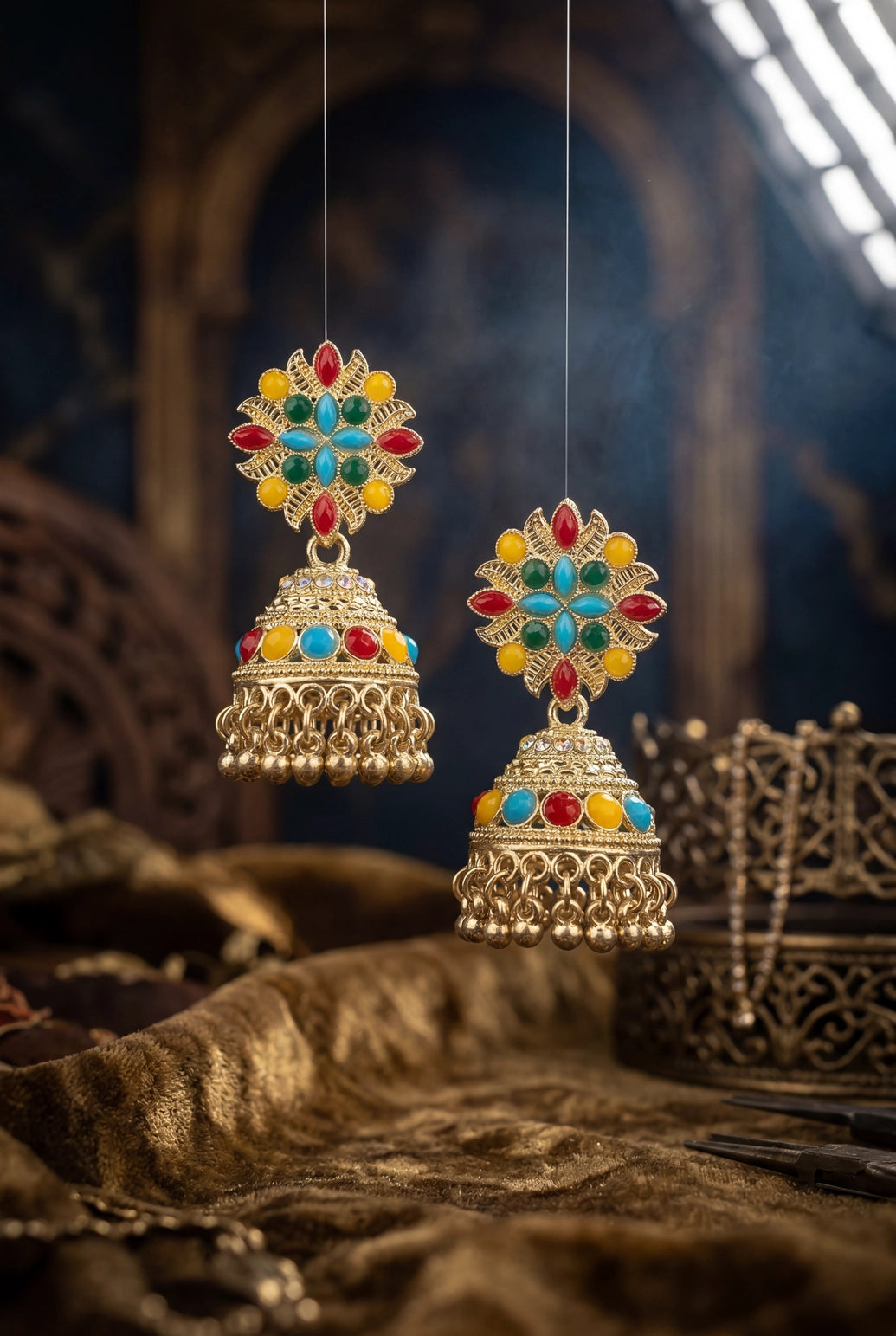 Silver Oxidized Multicolor Jhumka Earrings with Stud Top and Bead Danglers