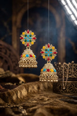 Silver Oxidized Multicolor Jhumka Earrings with Stud Top and Bead Danglers